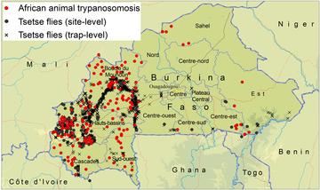 Geographic distribution of tsetse and African animal trypanosomosis in Burkina Faso (1990-2019)  © Percoma et al. Parasites & Vectors 15, 72 (2022)